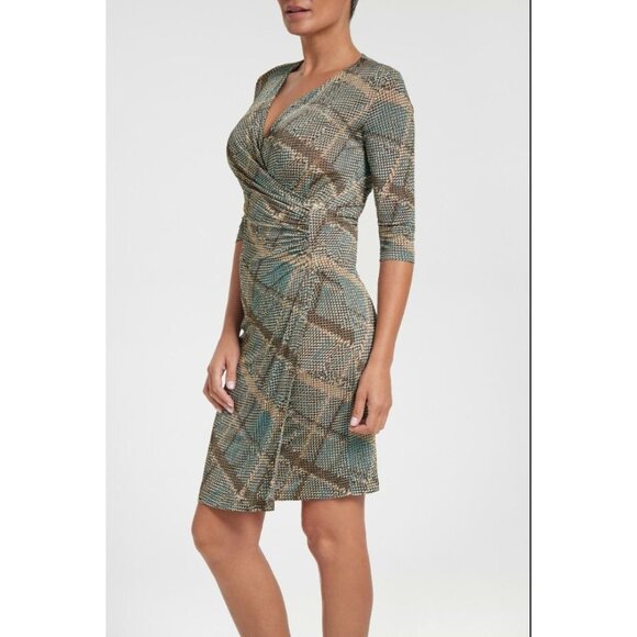 Anatomie Printed Marine Dress in Reptile Plaid Green Brown Faux Wrap Size XS - Picture 2 of 8